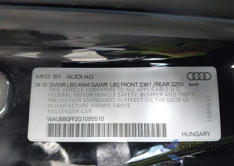 2016 Audi A3 2.0T Premium z USA, uszkodzony, nr VIN WAUB8GFF2G1095510
